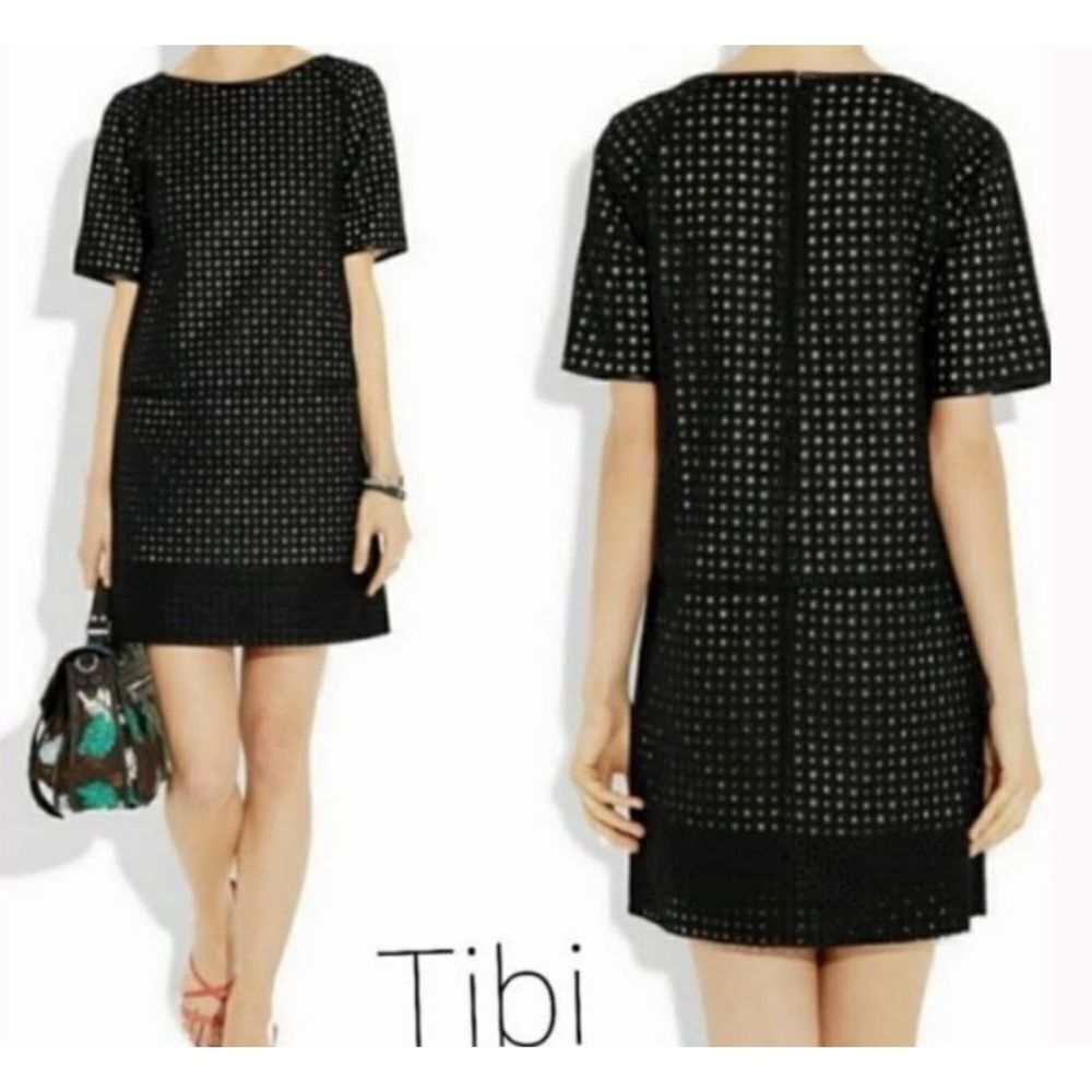 Tibi Black Shift Dress Leather Trim Mid Thigh Size 6 Super flattering for legs.